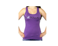 Model wears purple racer back tank top with Buckwild logo front. 