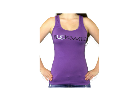 Model wears purple racer back tank top with Buckwild logo front. 