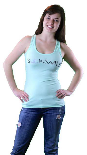 Model wears racer back tank top with Buckwild logo front.