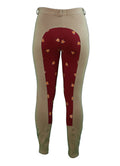 Back View - Women's tan breeches with full seat in red and fox print pattern